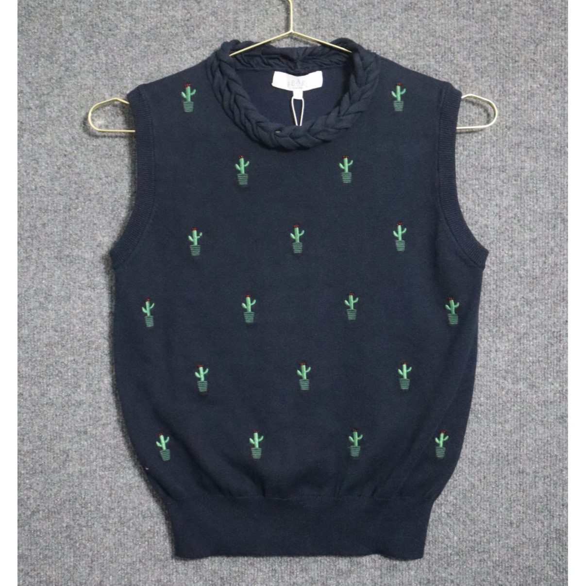 Pearl Vest Women Small Blue Navy Lela Rose Empower Cactus Embroidered Knit Nwt
